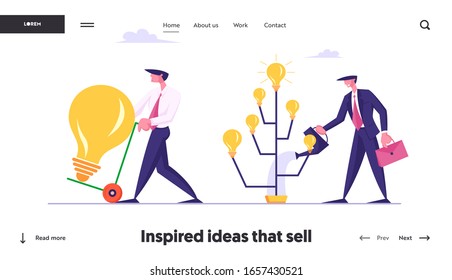 Producing Ideas, Creativity, Invention Harvesting Website Landing Page. Businessman Watering Tree with Glowing Light Bulbs, Business Man Shipping Lamp Web Page Banner. Cartoon Flat Vector Illustration