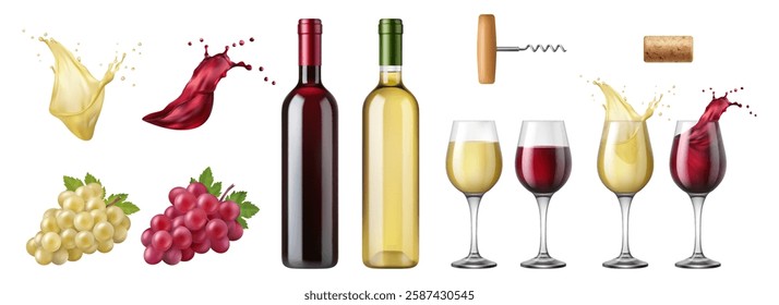 Producing and tasting wine, red and white types. Vector realistic set of bottles with glasses, splashes of alcoholic drinks. Grapes and corkscrew with stopper. Champagne or sauvignon flavors