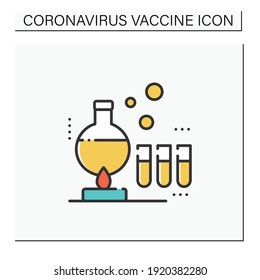 Producing vaccine color icon. Laboratorian research. Chemical formula. Cure search, vaccine development. Stop coronavirus pandemic. Fight against Covid19 disease. Isolated vector illustration