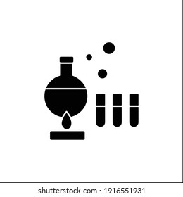 Producing vaccine glyph icon.Laboratorian research.Chemical formula.Cure search, vaccine development.Stop coronavirus pandemic.Covid-19 disease.Filled flat sign.Isolated silhouette vector illustration
