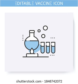 Producing vaccine line icon. Laboratorian research. Chemical formula. Cure search, vaccine development. Stop coronavirus. Fight against Covid19 disease. Isolated vector illustration. Editable stroke 