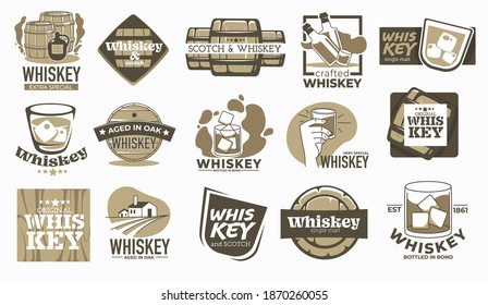 Producing whiskey beverage, aged in oak barrels for years. Labels and logotypes with inscriptions, alcoholic beverage manufacturing in countryside. Glass with ice cubes. Vector in flat style