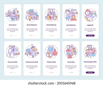 Product adoption onboarding mobile app page screen with concepts set. Risks management walkthrough 5 steps graphic instructions. UI, UX, GUI vector template with linear color illustrations