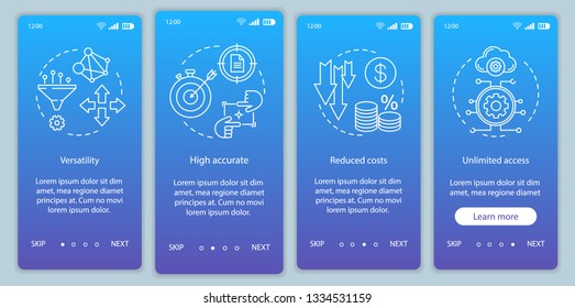 Product advantages onboarding mobile app page screen with linear concepts. Flexibility, accuracy, reduced cost walkthrough steps graphic instructions. UX, UI, GUI vector template with illustrations