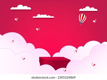 podio publicitario de productos en el corazón de la nube y el papel