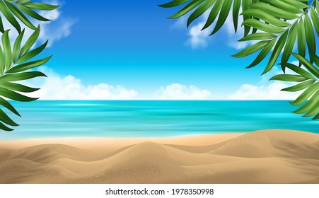 Product advertising background. Azure ocean white clouds. Coconut palm trees against blue sky and beautiful tropical beach. Vacation holidays background wallpaper. Vector Illustration.