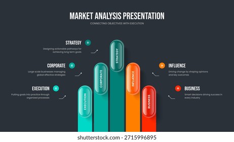 Ilustración vectorial de Plantilla de diapositivas de análisis de Producto. Diseño de presentación de diagrama de cinco pasos de crecimiento de la empresa. Estrategia moderna 5 Opción Infografía Diseño de marco.
