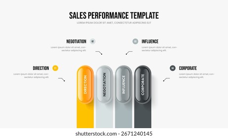 Ilustração do vetor de layout de apresentação de slides de análise do produto. Desenvolvimento Criativo Quatro Elementos Diagrama Apresentação Design. Modelo de slide do infográfico da opção Corporate Performance 4.