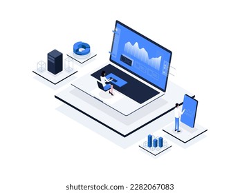 Análisis de producto Isometric Illustration Flat Color. Adecuado para aplicaciones móviles, sitio web, banner, diagramas, presentación y otros activos gráficos.