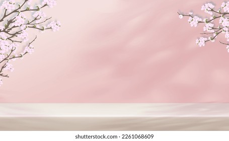 Product background with 3D Podium,Cherry Blossom or Spring flower on Pink wall,Horizon Room Studio scene with Sakura branches light and shadow ,Vector Backdrop banner for Spring,Summer presentation