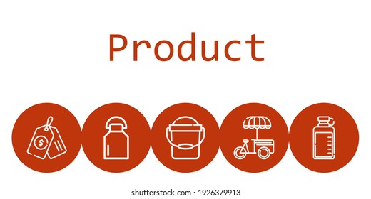 product background concept with product icons. Icons related bucket, price tag, milk, bottle, stand