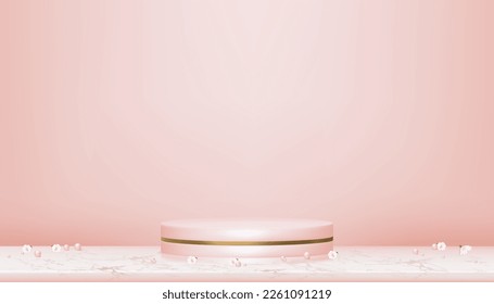 Product background,Display podium with Spring flower or Cherry Blossom,Pearl on Pink wall,Vector Studio wall room with 3D Cylinder Stand with Sakura on Marble,Backdrop banner for Summer presentation