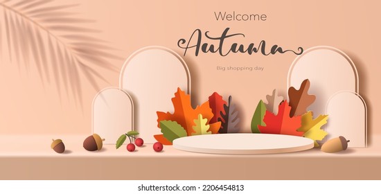 Product banner for autumn, podium platform with geometric shapes, collection of beautiful fall leaves, paper illustration, and 3d paper.