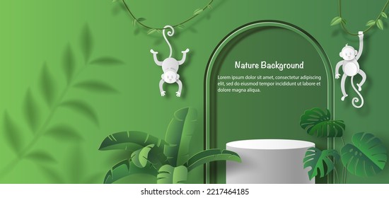 Product banner, monkey hanging on a vine, podium platform with geometric shapes and nature background, paper illustration, and 3d paper.