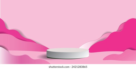 Product banner with pink background, podium platform, Valentine's day backdrop texture. For product display presentation. Valentine day festival design. Romantic wedding design.