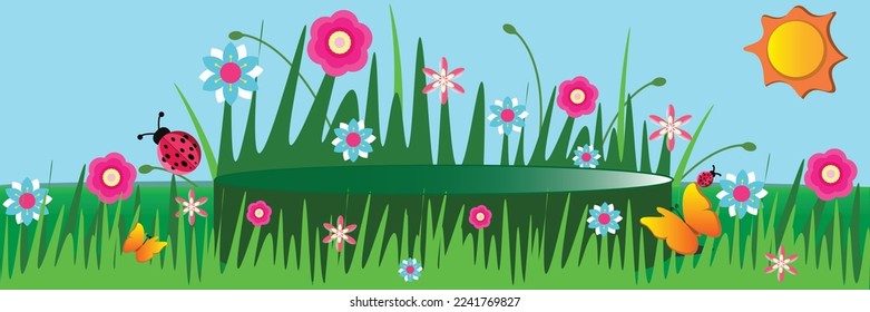 Product banner, podium platform with blue sky, sun, flowers, butterfly and ladybug, paper illustration 