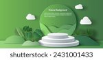 Product banner, podium platform with geometric shapes and nature background, paper illustration, and 3d paper.