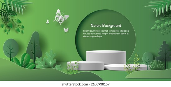 Product banner, podium platform with geometric shapes and nature background, paper illustration, and 3d paper. - Shutterstock ID 2108938157