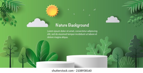 Product banner, podium platform with geometric shapes and nature background, paper illustration, and 3d paper. - Shutterstock ID 2108938160