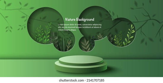 Product banner, podium platform with geometric shapes and nature background, paper illustration, and 3d paper.