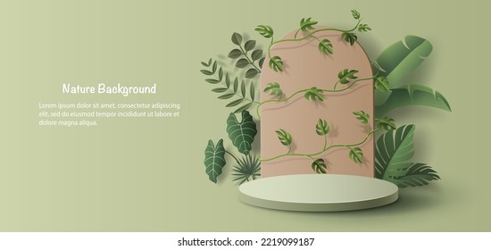 Product banner, a podium platform with geometric shapes, and a background of nature, paper illustration, and 3d paper.