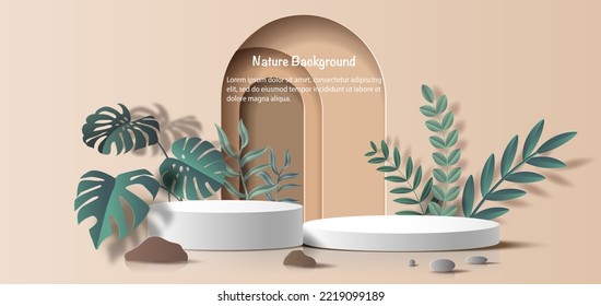 Product banner, a podium platform with geometric shapes, and a background of nature, paper illustration, and 3d paper.