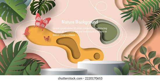 Banner de producto, plataforma de podio con formas geométricas y fondo natural, ilustración de papel y papel 3d.