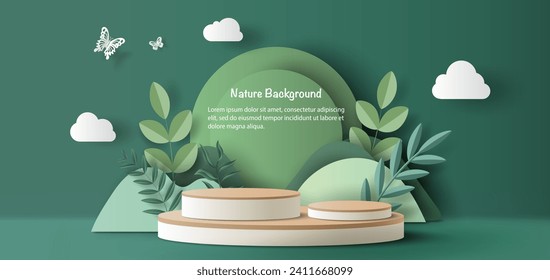 Product banner, podium platform with geometric shapes and nature background, paper illustration, and 3d paper.	