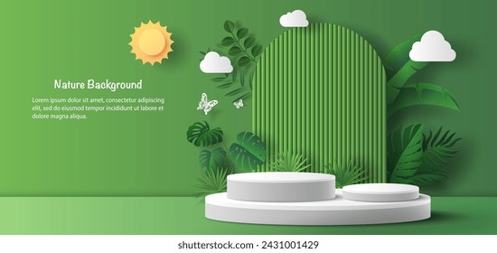 Product banner, podium platform with geometric shapes and nature background, paper illustration, and 3d paper.