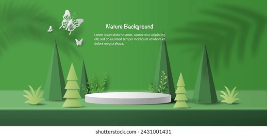 Product banner, podium platform with geometric shapes and nature background, paper illustration, and 3d paper.