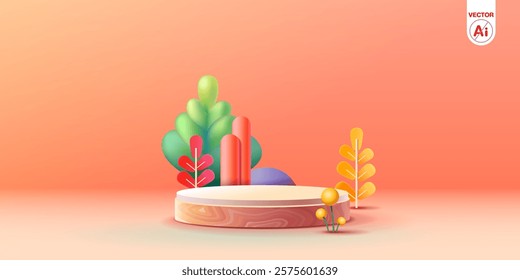 Product banner, podium platform with geometric shapes and nature, orange background and 3D vector