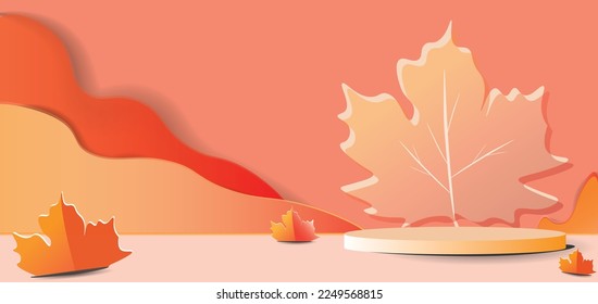 Product banner, podium platform with leaves, For products display presentation, vector illustration