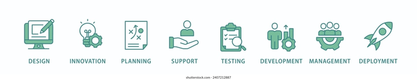 Pancarta de producto icono web concepto de ilustración vectorial con icono de innovación, objetivo, servicio, eficiencia, entrega, calidad y precio