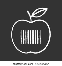 Product barcode chalk icon. Apple with linear bar code. Retail, merchandise. Grocery store. Barcodes identification. Isolated vector chalkboard illustration