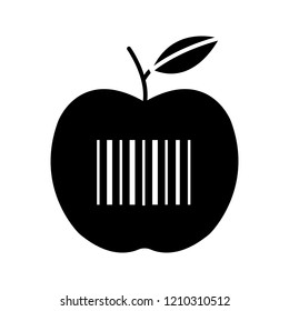 Product barcode glyph icon. Apple with linear bar code. Retail, merchandise. Grocery store. Barcodes identification. Silhouette symbol. Negative space. Vector isolated illustration