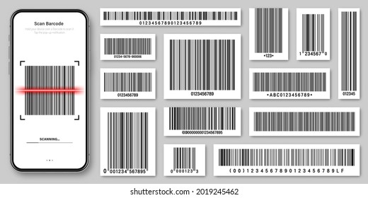 Product barcodes collection. Smartphone application, scanner app. Identification tracking code. Serial number, product ID with digital information. Store, supermarket scan labels, vector price tag.