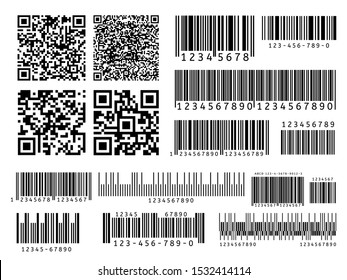 Product barcodes. Industrial barcode, qr code and scan bar label. Inventory badge codes, supermarket scanning sign vector set. Identification tracking code, product ID tags illustrations collection