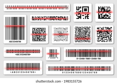 Product barcodes and QR codes with red scanning line. Identification tracking code. Serial number, product ID with digital information. Store, supermarket scan labels, price tag. Vector illustration.