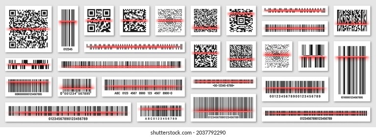 Product barcodes and QR codes with red scanning line. Identification tracking code. Serial number, product ID with digital information. Store, supermarket scan labels, price tag. Vector illustration.