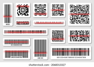 Product barcodes and QR codes with red scanning line. Identification tracking code. Serial number, product ID with digital information. Store, supermarket scan labels, price tag. Vector illustration.