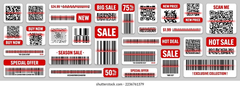Códigos de barras de producto y códigos QR con línea de escaneo rojo. Etiquetas de venta, etiqueta de descuento o insignia promocional. Número de serie, ID del producto. Tienda, etiquetas de escaneo de supermercados, etiqueta de precio. Ilustración del vector
