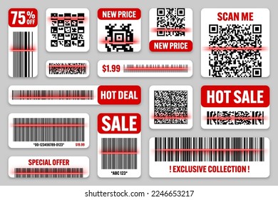 Códigos de barras de producto y códigos QR con línea de escaneo rojo. Etiquetas de venta, etiqueta de descuento o insignia promocional. Número de serie, ID del producto. Tienda, etiquetas de escaneo de supermercados, etiqueta de precio. Ilustración del vector