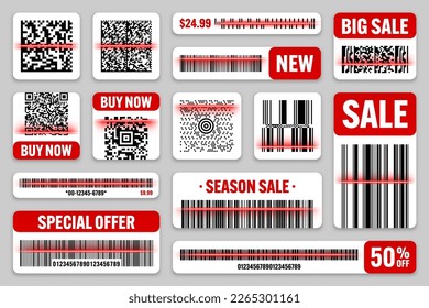 Product barcodes and QR codes with red scanning line. Sale stickers, discount label or promotional badge. Serial number, product ID. Store, supermarket scan labels, price tag. Vector illustration