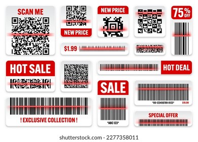 Product barcodes and QR codes with red scanning line. Sale stickers, discount label or promotional badge. Serial number, product ID. Store, supermarket scan labels, price tag. Vector illustration