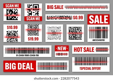 Product barcodes and QR codes with red scanning line. Sale stickers, discount label or promotional badge. Serial number, product ID. Store, supermarket scan labels, price tag. Vector illustration