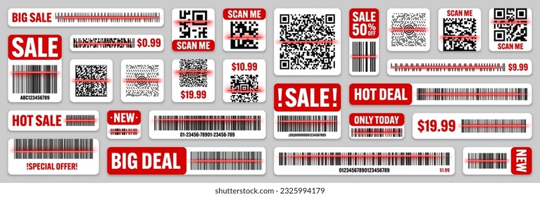 Product barcodes and QR codes with red scanning line. Sale stickers, discount label or promotional badge. Serial number, product ID. Store, supermarket scan labels, price tag. Vector illustration