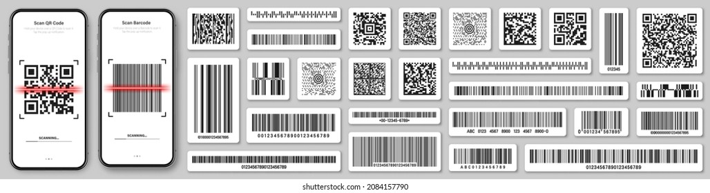 Product barcodes and QR codes. Smartphone application, scanner app. Identification tracking code. Serial number, product ID with digital information. Store, supermarket scan labels, vector price tag.