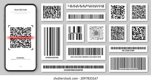Product barcodes and QR codes. Smartphone application, scanner app. Identification tracking code. Serial number, product ID with digital information. Store, supermarket scan labels, vector price tag.