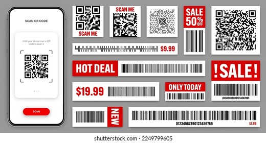 Product barcodes and QR codes. Smartphone application, scanner app. Sale stickers, discount label or promotional badge. Serial number, product ID. Store, supermarket scan labels. Vector illustration
