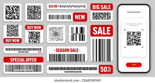 Códigos de barras de productos y códigos QR. Aplicación Smartphone, aplicación de escáner. Etiquetas de venta, etiqueta de descuento o insignia promocional. Número de serie, ID del producto. Almacenar, etiquetas de escaneo de supermercados. Ilustración del vector